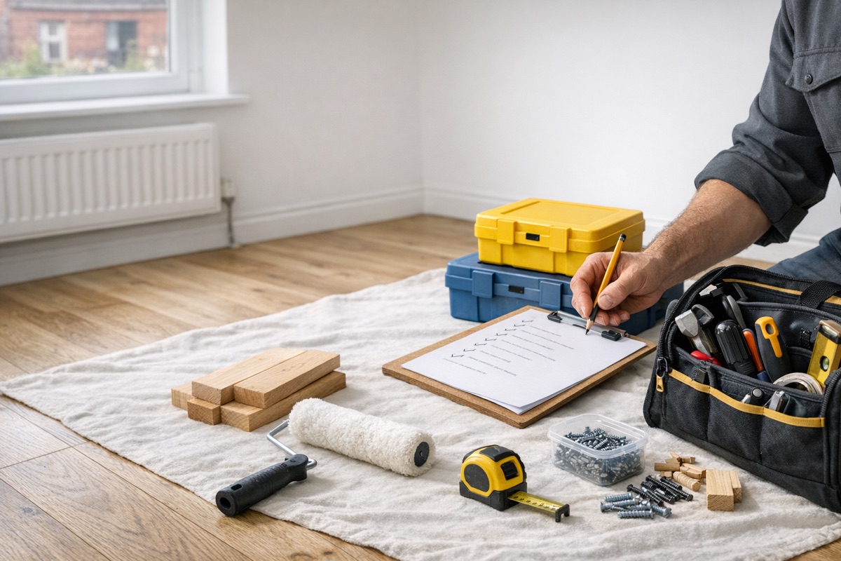 Organised tools, fixings and repair materials laid out on a dust sheet in a Glasgow home