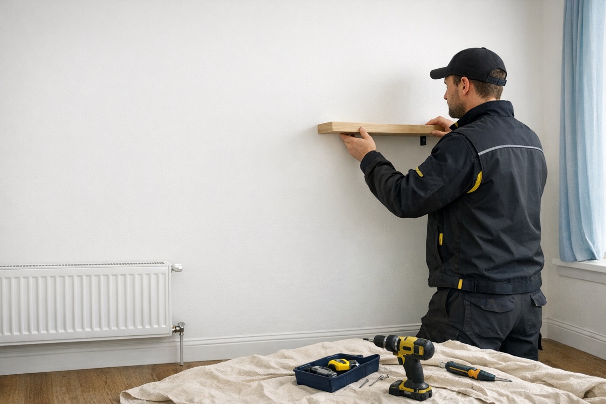 Handyman fitting a timber shelf in a freshly repaired and painted room